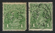 KGV Heads - Collections & Accumulations: No Watermark 1d Green perf 'OS' cds used, BW:79ba; CofA&nbsp;1d Green&nbsp;perf 'OS' (blunt corner) being an example of the transitional State 'OS' perfin, used for a short period&nbsp;in 1935. (2)
