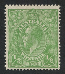 KGV Heads - Single Watermark: ½d Bright Green INVERTED WATERMARK on THIN PAPER, well centred, MLH; BW:63a,aa - extrapolated Cat. $600+. Rare combination of varieties.