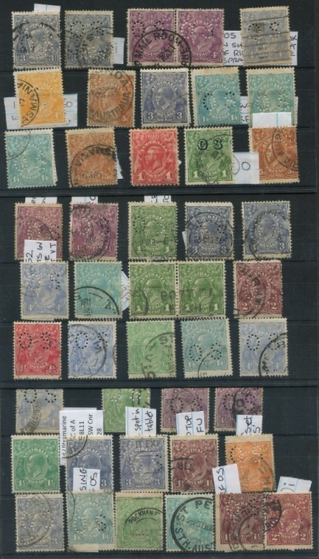 KGV Heads - Collections & Accumulations: Used Selection with varieties and elusive officials incl. Single Wmk ½d Green Perf 'OS' THIN PAPER, 2d Red-Brown Perf 'OS' with "Diagonal flaw through 'TWO'", 4d Orange Perf 'T' flaw "White flaw emu's neck",  4d Vi