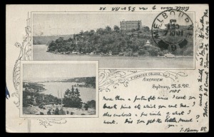NEW SOUTH WALES: Postal Stationery: POSTAL CARD: 1d red Coat of Arms, FU Oct.1901 from Sydney to St.Patrick's College, Melbourne. The view side with composite photographs of St.Ignatius College, Riverview, Sydney, with arrival c.d.s. Not previously recorded by us.