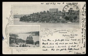 NEW SOUTH WALES: Postal Stationery: POSTAL CARD: 1d red Coat of Arms, FU Oct.1901 from Sydney to St.Patrick's College, Melbourne. The view side with composite photographs of St.Ignatius College, Riverview, Sydney, with arrival c.d.s. Not previously record
