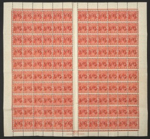 KGV Heads - CofA Watermark: 2d Golden Scarlet, complete sheet from Plate 3 (with listed varieties), each unit perforated "VG"; with John Ash Imprint and full margins, MUH; a few gum bends and a few light tone spots.