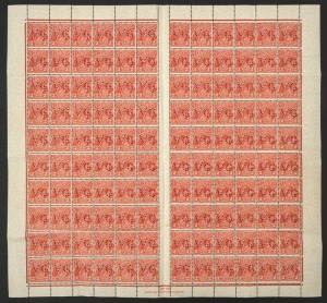 KGV Heads - CofA Watermark: 2d Golden Scarlet, complete sheet from Plate 3 (with listed varieties), each unit perforated "VG"; with John Ash Imprint and full margins, MUH; a few gum bends and a few light tone spots. 