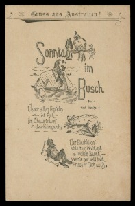 NEW SOUTH WALES: Postal Stationery: POSTAL CARD: 1½d blue card, unused, but with printed message in German "Gruss aus Australien! Sonntag im Busch" (Greetings from Australia - Sunday in the Bush) depicting a cockatoo, a settler, a kangaroo and an aborigine. Very fine and extremely scarce.