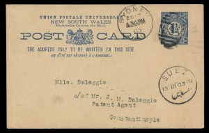 NEW SOUTH WALES: Postal Stationery: POSTAL CARD: 1½d blue postcard with view of "HAWKESBURY RIVER BRIDGE, N.S.W." (in greenish-black) and 'New Year Greetings', FU from Sydney 17.FE.03 via SUEZ (with transit cds) to CONSTANTINOPLE, with British P.O. arrival cds of 23.MR.03. Superb condition and a rare usage.