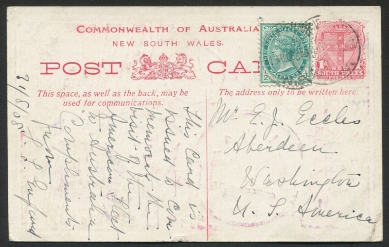 NEW SOUTH WALES: Postal Stationery: POSTAL CARD: 1908 1d carmine "American Fleet" postcard, uprated ½d and fine used 31.AU.08 from Sydney to Aberdeen, WASHINGTON, U.S.A. A scarce foreign usage.