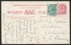 NEW SOUTH WALES: Postal Stationery: POSTAL CARD: 1908 1d carmine "American Fleet" postcard, uprated ½d and fine used 31.AU.08 from Sydney to Aberdeen, WASHINGTON, U.S.A. A scarce foreign usage.