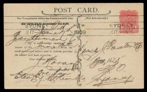 NEW SOUTH WALES: Postal Stationery: POSTAL CARD: STAMPED TO ORDER: 1d rose Coat of Arms on postcard for the NEW SOUTH WALES GOVERNMENT RAILWAYS, FU locally Dec.1909; with view "THE HAWKESBURY RIVER...."; superb condition.