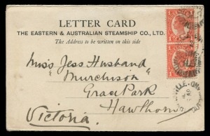 QUEENSLAND - Postal History: April 1906 usage of 1d red pair tied by TOWNSVILLE postmarks on most attractive 3-part folding lettercard provided to passengers on board S.S.Eastern of "The Eastern & Australian Steampship Co.", with a dinner menu, a view of Queen Street, Brisbane and a written message to Melbourne. Rarely seen.