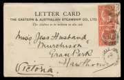 QUEENSLAND - Postal History: April 1906 usage of 1d red pair tied by TOWNSVILLE postmarks on most attractive 3-part folding lettercard&nbsp;provided to passengers on board S.S.Eastern of "The Eastern & Australian Steampship Co.", with a dinner menu, a view of 