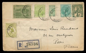 Kangaroos - First Watermark: 21 FEB 1913 usage of 3d Olive, in combination with ½d Tasmania, ½d South Australia, ½d Victoria, ½d New South Wales and ½d Queensland overpaying the registered postage rate from HOBART to PARIS; with arrival back stamp. An attractive cover from the first month of issue!