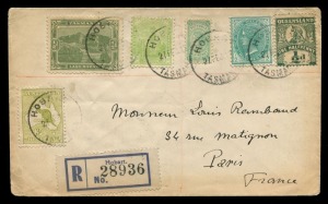 Kangaroos - First Watermark: 21 FEB 1913 usage of 3d Olive, in combination with ½d Tasmania, ½d South Australia, ½d Victoria, ½d New South Wales and ½d Queensland overpaying the registered postage rate from HOBART to PARIS; with arrival back stamp. An att
