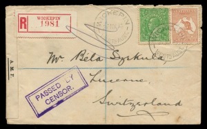 Kangaroos - First Watermark: May 1916 usage of 5d Chestnut + ½d Green KGV attractively tied by WICKEPIN WEST'N AUST. cds on registered cover to SWITZERLAND; with "PASSED BY CENSOR" handstamp and "A.M.F. OPENED BY CENSOR" seal at left; PERTH registration and LUZERN arrival backstamp of 10.VIII.16. Cat.$1000+. Wickepin is a small town in the wheat belt, 215km south-east of Perth.