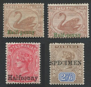 AUSTRALIAN COLONIES & STATES - General & Miscellaneous Lots: Selection with WESTERN AUSTRALIA with 1895 ½d on 3d cinnamon with OVERPRINT IN RED & IN GREEN (SG.111a, red colour faded), ½d on 3d pale brown overprinted in green; also TASMANIA overprint flaws with 1889 ½d on 1d with missing "Missing leg on 'p' and damaged 'e' of 'Halfpenny'", 1892 2/6d Tablet with "Broken 'C' of 'SPECIMEN' overprint"; all stamps with part or large-part gum. (4)