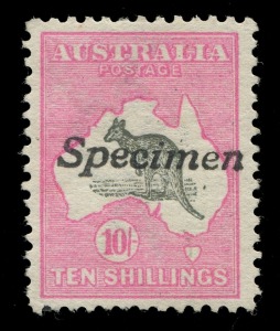 Kangaroos - First Watermark: 10/- Grey & Bright Pink, handstamped SPECIMEN; very well centred and fresh; with gum. BW:47x - $750.