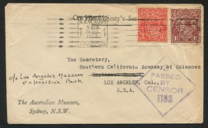 KGV Heads - Small Multiple Watermark Perf 13½ x 12½: 1½d Red-brown, perf.OS, FU in combination with 2d Red, perf.OS/NSW on Oct.1942 OHMS cover from The Australian Museum, Sydney to the Southern California Academy of Sciences; with arrival backstamp and "PASSED BY CENSOR" cachet on front. A scarce franking.