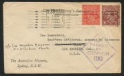 KGV Heads - Small Multiple Watermark Perf 13&frac12; x 12&frac12;: 1&frac12;d Red-brown, perf.OS, FU in combination with 2d Red, perf.OS/NSW on Oct.1942 OHMS cover from The Australian Museum, Sydney to the Southern California Academy of Sciences; with arrival backstamp and "P