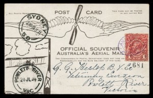 AUSTRALIA: Aerophilately & Flight Covers: 16-18 July 1914 (AAMC.3) Melbourne - Sydney special postcard carried by Maurice Guillaux on Australia's first Official airmail flight; with 1d Engrave tied by the oval AERIAL MAIL cachet in violet; SYDNEY arrival cds and POWLETT RIVER cds at final destination. Very fine condition.
