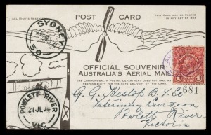 AUSTRALIA: Aerophilately & Flight Covers: 16-18 July 1914 (AAMC.3) Melbourne - Sydney special postcard carried by Maurice Guillaux on Australia's first Official airmail flight; with 1d Engrave tied by the oval AERIAL MAIL cachet in violet; SYDNEY arrival 