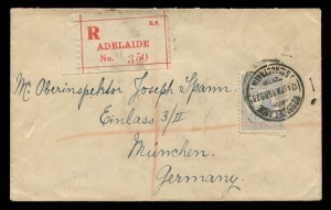 Kangaroos - Third Watermark: 19 Nov.1923 usage of 6d Pale Ultramarine (Die 2B) on Registered cover from ADELAIDE to GERMANY. with MUNCHEN 2a arrival backstamp. A lovely single-franking cover. Cat.$500+.