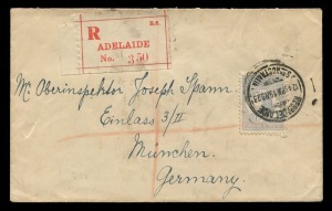 Kangaroos - Third Watermark: 19 Nov.1923 usage of 6d Pale Ultramarine (Die 2B) on Registered cover from ADELAIDE to GERMANY. with MUNCHEN 2a arrival backstamp. A lovely single-franking cover. Cat.$500+.