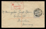 Kangaroos - Third Watermark: 19 Nov.1923 usage of 6d Pale Ultramarine (Die 2B) on Registered cover from ADELAIDE to GERMANY. with MUNCHEN 2a arrival backstamp. A lovely single-franking cover. Cat.$500+.