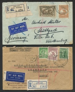 Kangaroos - CofA Watermark: Oct.1937 usage of 6d Chestnut + 6d sepia Airmail on registered airmail cover from Adelaide to Stuttgart, with Perth & Stuttgart backstamps; also, an April 1938 cover bearing a 2/- Maroon + 4d Koala + 1d Queen on registered airmail cover from Adelaide to Chemnitz, Germany. (2 items). Cat.$1100+.