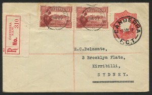 AUSTRALIA: Other Pre-Decimals: FDC: 1927 (SG.105) 1½d Canberra, horizontal pair on 1½d KGV Registered Envelope from CANBERRA; clearly postmarked 9MY27.
