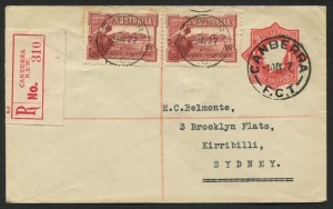 AUSTRALIA: Other Pre-Decimals: FDC: 1927 (SG.105) 1½d Canberra, horizontal pair on 1½d KGV Registered Envelope from CANBERRA; clearly postmarked 9MY27.