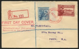 AUSTRALIA: Other Pre-Decimals: FDC: 1928 (SG.106) 3d blue Kookaburra (+ 1½d Canberra), tied by red Exhibition cds of 29OC28 on "Mitchell" Registered FDC from the Exhibition P.O. to Perth.