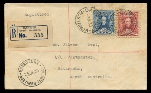 AUSTRALIA: Other Pre-Decimals: FDC: 1930 (SG.117-118) 1½d & 3d Sturt tied on Registered cover from DARWIN tied by 2JE30 cds's; addressed to MATARANKA, NORTHERN TERRITORY with 3JE30 arrival cds's.