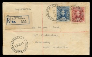 AUSTRALIA: Other Pre-Decimals: FDC: 1930 (SG.117-118) 1½d & 3d Sturt tied on Registered cover from DARWIN tied by 2JE30 cds's; addressed to MATARANKA, NORTHERN TERRITORY with 3JE30 arrival cds's.