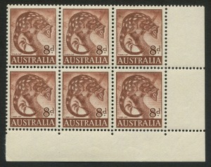 AUSTRALIA: Other Pre-Decimals: 1959-64 (SG.317) 8d Tiger Cat, 2nd Master Plate, lower-right corner block of 6 with varieties "Retouched Shading right of animal's head - State III" and :"'8d' weak with shading above retouched" [ShC R9/6 & 9/7], fresh MUH; 