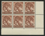 AUSTRALIA: Other Pre-Decimals: 1959-64 (SG.317) 8d Tiger Cat, 2nd Master Plate, lower-right corner block of 6 with varieties "Retouched Shading right of animal's head - State III" and :"'8d' weak with shading above retouched" [ShC R9/6 & 9/7], fresh&nbsp;MUH; 