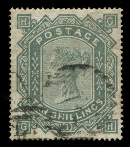 GREAT BRITAIN: 1867-83 (SG.128) Wmk Maltese Cross 10/- greenish-grey, well-centred, tidy cancel: Bühler guarantee handstamp, Cat £3200.