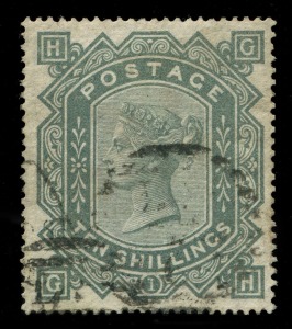 GREAT BRITAIN: 1867-83 (SG.128) Wmk Maltese Cross 10/- greenish-grey, well-centred, tidy cancel: BÃ¼hler guarantee handstamp, Cat £3200.