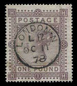 GREAT BRITAIN: 1867-83 (SG.129) Wmk Maltese Cross £1 brown-lilac (Plate 1), neatly struck 'LONDON/OC11/78' datestamp, Cat £4500.