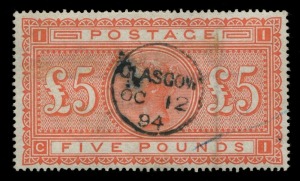 GREAT BRITAIN: 1867-83 (SG.137) Wmk Large Anchor £5 orange (Plate 1), ironed-out vertical wrinkle, centrally struck 'GLASGOW/OC12/95' datestamp and some light crayon line cancels, Cat £3500.