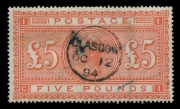 GREAT BRITAIN: 1867-83 (SG.137) Wmk Large Anchor &pound;5&nbsp;orange&nbsp;(Plate 1), ironed-out vertical wrinkle, centrally struck&nbsp;'GLASGOW/OC12/95' datestamp&nbsp;and some light crayon line cancels, Cat &pound;3500.