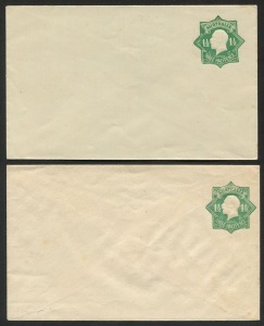 AUSTRALIA: Envelopes: 1923 (BW:E27 [1] & [2]) 1½d green KGV Star on on-white unsurfaced paper and another example with blue internal security lining. (2) fine Unused. Cat.$400.