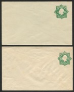 AUSTRALIA: Envelopes: 1923 (BW:E27 [1] & [2]) 1&frac12;d green KGV Star on on-white unsurfaced paper and another example with blue internal security lining. (2) fine Unused. Cat.$400.