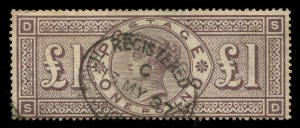 GREAT BRITAIN: 1884 (SG.185) Wmk Imperial Crowns £1 brown-lilac, flattened bend right edge, neatly struck 1887 'REGISTERED' datestamp, Cat £3000.