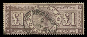GREAT BRITAIN: 1884 (SG.185) Wmk Imperial Crowns £1 brown-lilac, flattened bend right edge, neatly struck 1887 'REGISTERED' datestamp, Cat £3000.