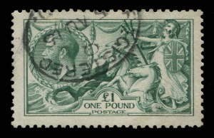 GREAT BRITAIN: 1913 (SG.403) KGV £1 green Seahorse, barely discernible bend in lower-right corner, well-centred, tidy 1915 'REGISTERED' datestamp, Cat. £1400.