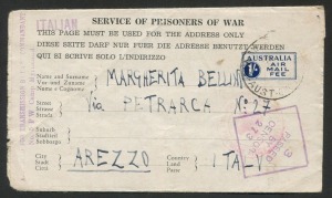 AUSTRALIA: Postal History - World War II - Prisoners Of War Mail: 1943 1/- deep blue AIRMAIL Lettersheet (BW:POW2), used by an Italian P.O.W. at No.5 A-Compound, Myrtleford to Arezzo, Italy; the message dated 16 Sept. 1943.