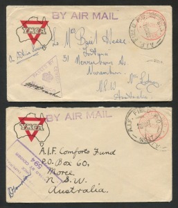 AUSTRALIA: Postal History - World War II - Airmail Covers: A.I.F. MALAYA: A pair of YMCA covers with "BY AIR MAIL" cachets in violet; both also with "POSTAGE PAID * JOHORE * 25 CENTS" cachets in red; one FU Oct.1941 from MERSING to Nth Sydney; the other FU Nov. 1941 from SEGAMAT to Moree; both with relevant A.I.F. FIELD P.O. cds's. (2 items).