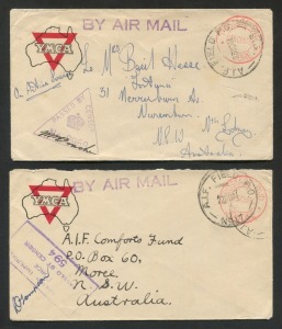 AUSTRALIA: Postal History - World War II - Airmail Covers: A.I.F. MALAYA: A pair of YMCA covers with "BY AIR MAIL" cachets in violet; both also with "POSTAGE PAID * JOHORE * 25 CENTS" cachets in red; one FU Oct.1941 from MERSING to Nth Sydney; the other F
