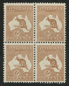 Kangaroos - Small Multiple Watermark: 6d Chestnut, well centred blk.(4), 3 MUH, 1 MLH.