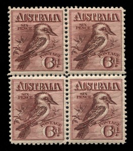 KGV Engraved Issues: 6d maroon Kookaburra, beautifully centred blk.(4), 3 MUH, UR unit MVLH