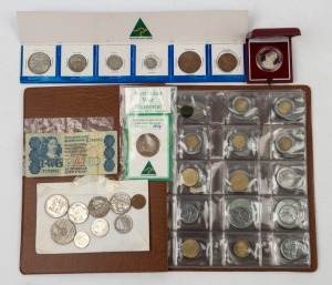 Coins - Australia: Pre - Decimal: SELECTION: with circulated silver 1927 Canberra Florin (2), 1934-35 Centenary Florin & 1937 Crowns (2), all with verdigris; also ½d to florin circulated coin set, plus foreign pre-decimal & decimal oddments including France 1987 silver 100fr La Fayette Unc. (40+ items)